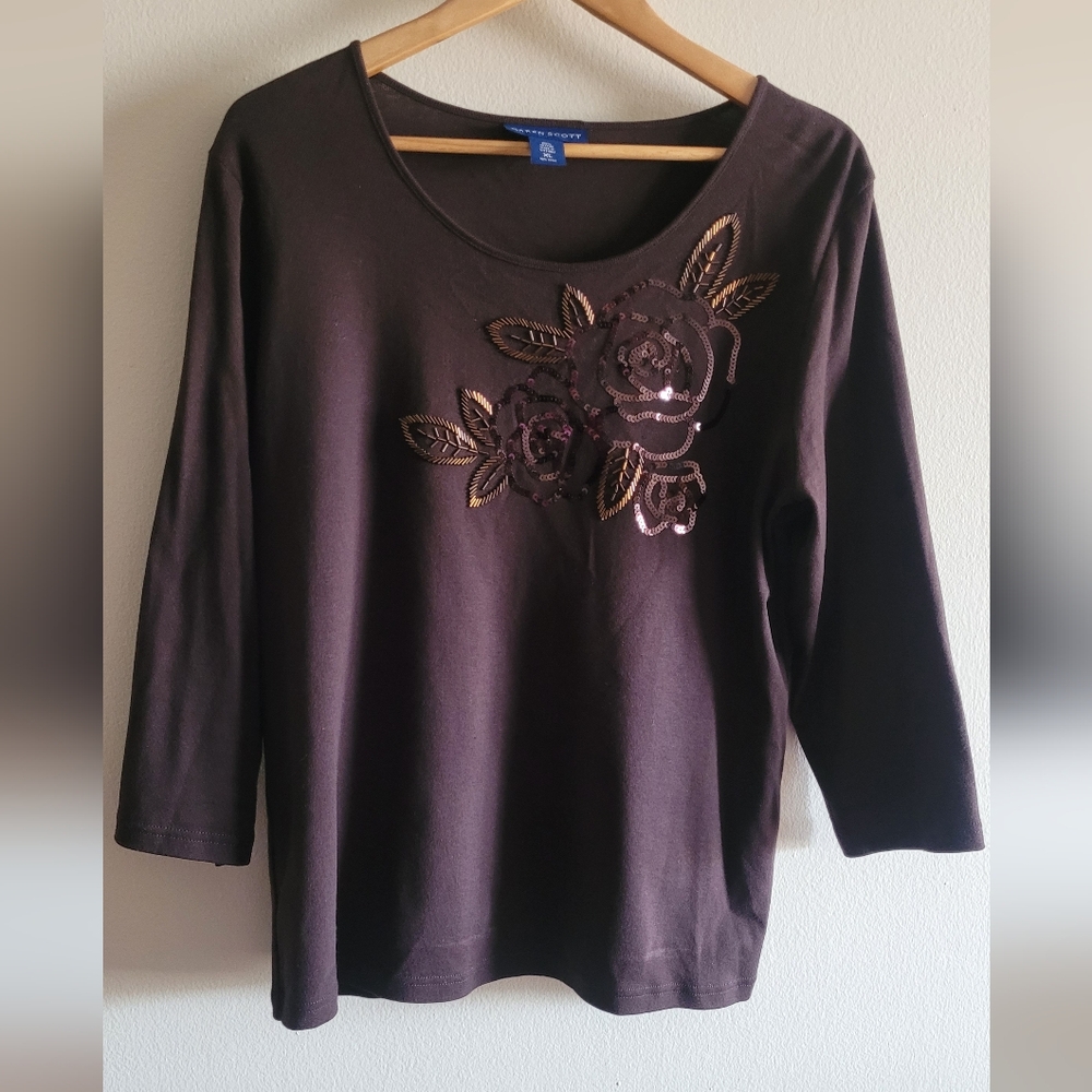 Karen Scott bead and sequin embellished fall top Women's XL brown